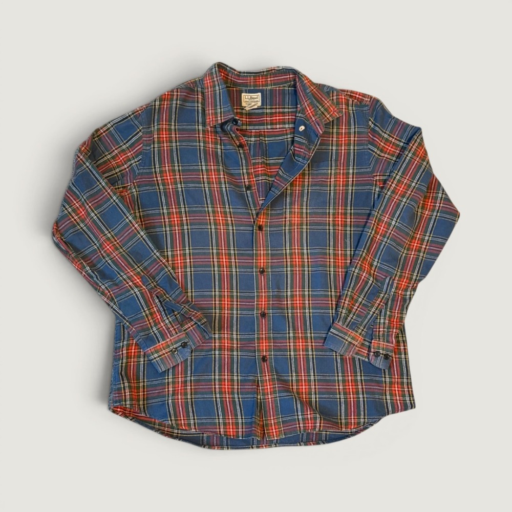 LL Bean Mens Large Traditional Fit Plaid Flannel Shirt Blue Red 228061